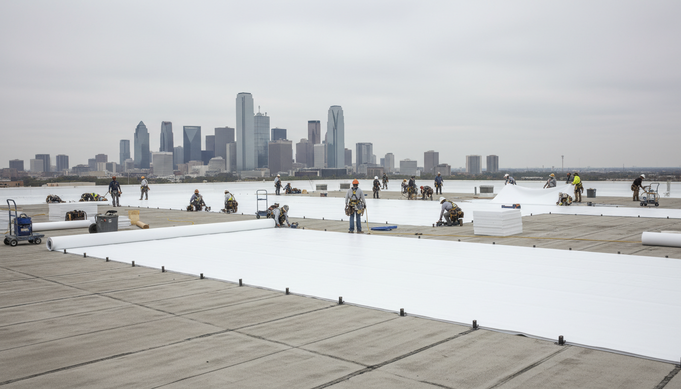 Team of roofers working on commercial building