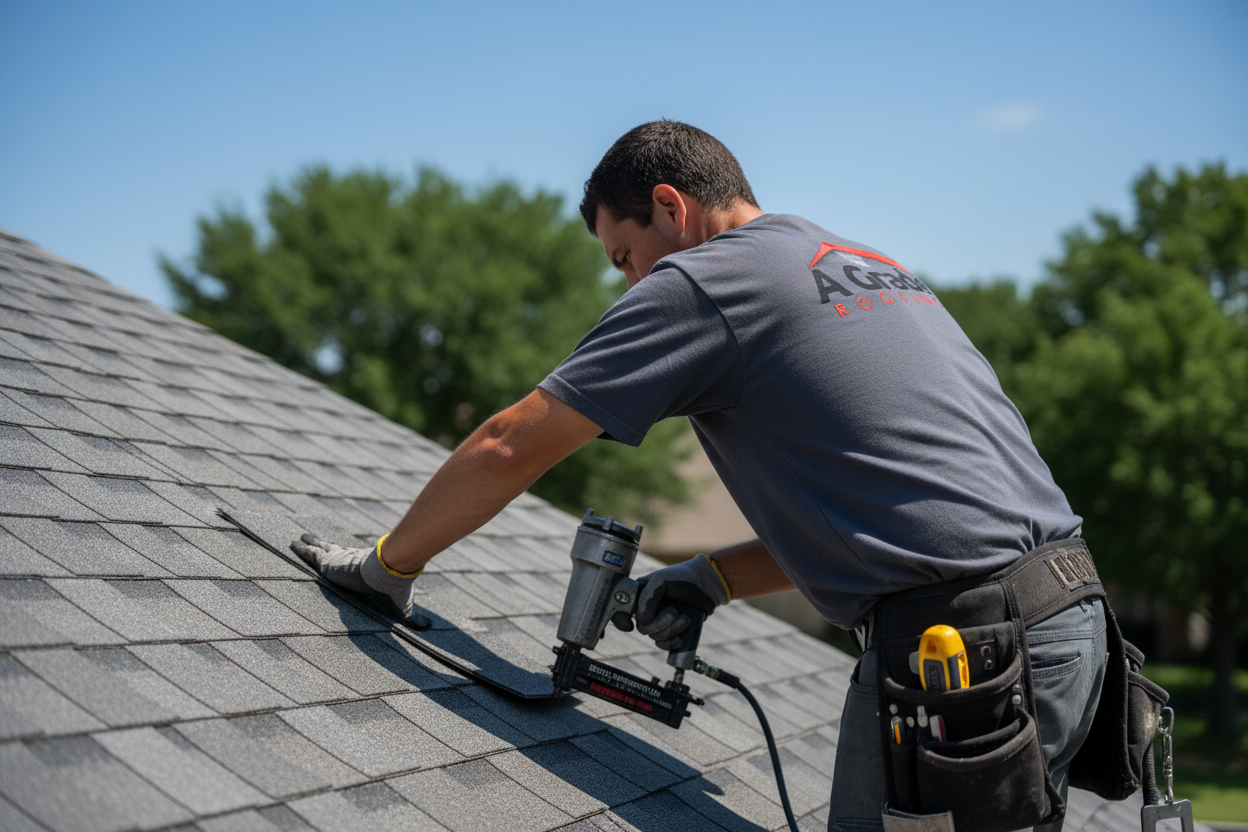 Professional roofer installing residential roof