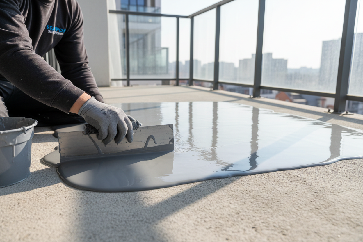 Technician applying waterproofing membrane